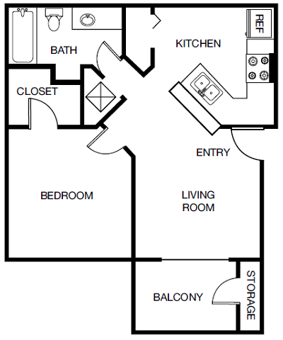 Floor plan for 1 bed, 1 bath, 600 sqft